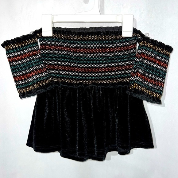 Fashion Nova Tops - Fashion Nova Festive Off The Shoulder Velvety Top Size XS Black Ruffle Trim
